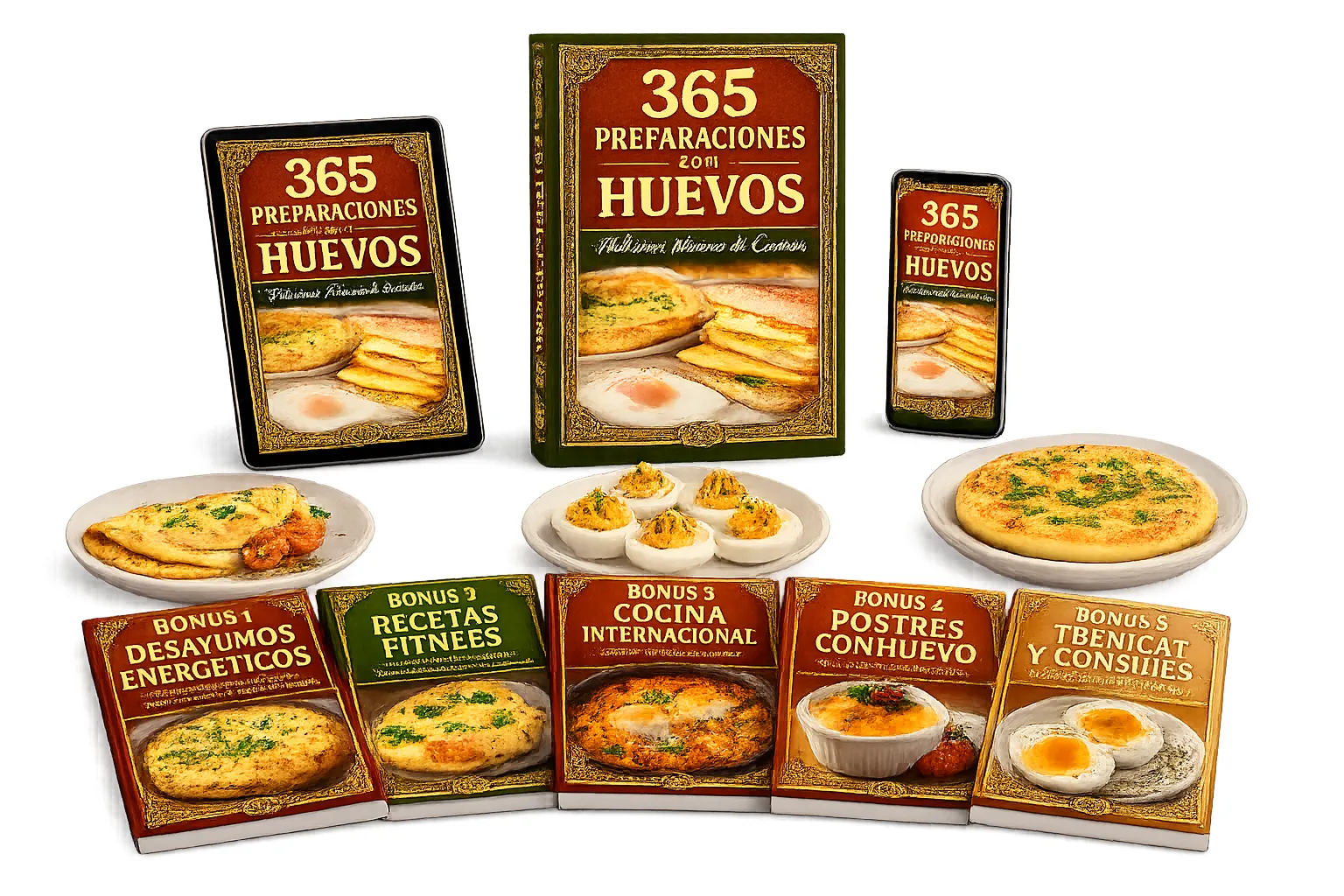 Recetario 365 preparaciones con huevos en libro, tablet y celular junto a los 5 bonos y platos de recetas
